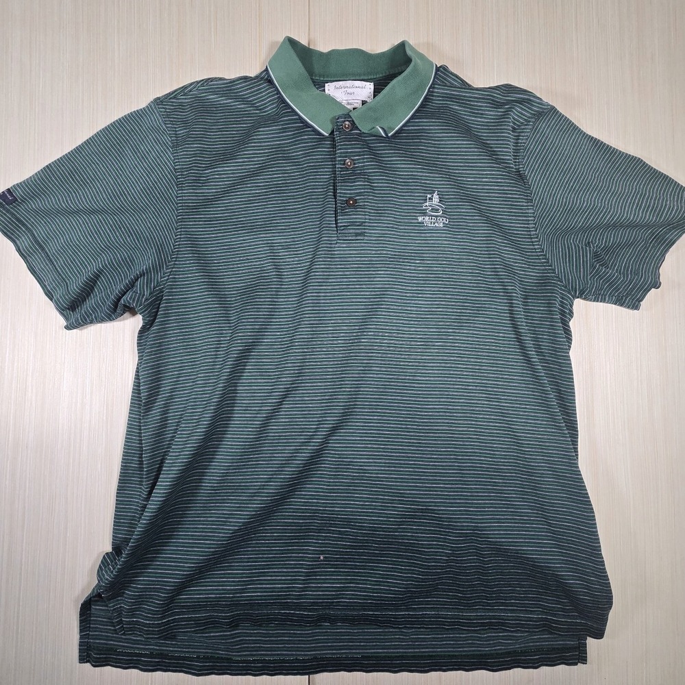 International Tour Polo Shirt Men XL Green Striped 100% Cotton Short Sleeve